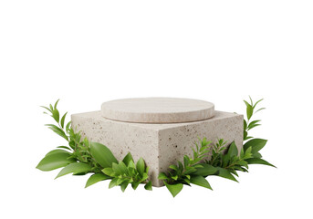 A beige stone podium with green leaves isolated on transparent background