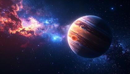 Obraz premium Majestic Jupiter Against a Vibrant Nebula Backdrop Ideal for Space Exploration and Scientific Visualization.