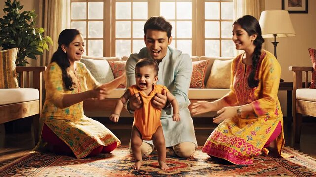Family Bonding Moment with Baby in Living Room.