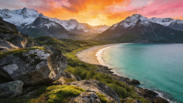 Dramatic mountain coastline at sunset with turquoise sea and sandy beach, panoramic alpine landscape under colorful sky showcasing pristine wilderness and scenic travel destination