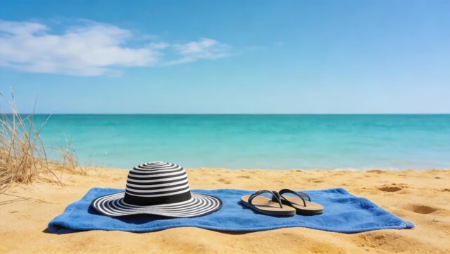Summer beach scene with striped sun hat and flip flops on blue towel,golden sand and turquoise sea under clear sky,travel vacation and relaxation concept