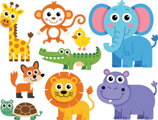 Colorful cartoon animals including giraffe monkey crocodile fox turtle lion hippo chick and elephant