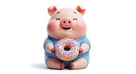 Obraz premium Chubby Baby Pig Character Eating Sweet Sprinkled Donut