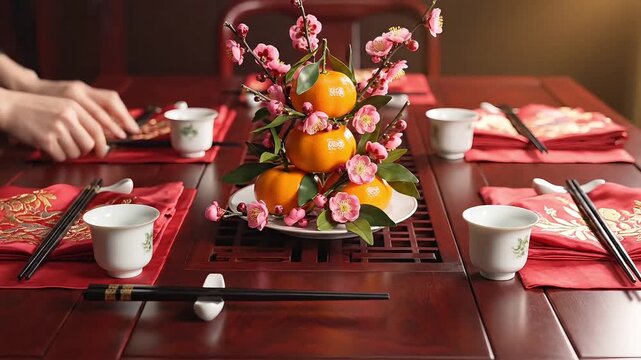 Woman's hands carefully folding red silk napkin with gold embroidery on wooden table
