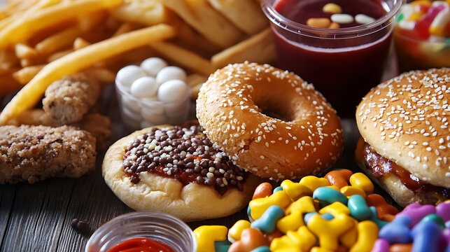 Unhealthy products. Food is bad for the figure, skin, heart, and teeth. Donuts, French fries, and desserts.