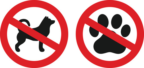 No Dogs and No Pets Allowed Sign Set - Red Prohibited Circle with Black Dog Silhouette and Paw Print Icon for Safety Warning and Park Regulation Vector