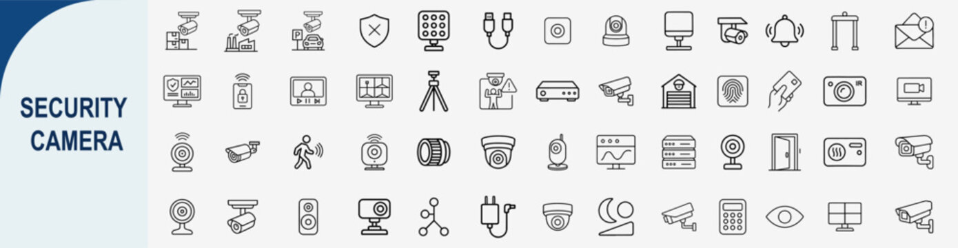 security camera and surveillance system icons, minimal outline vector set