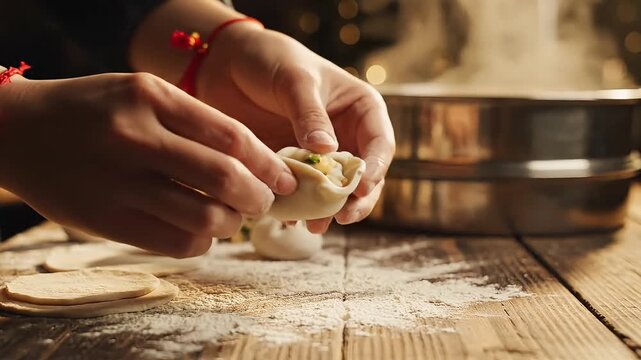 Person skillfully preparing homemade dumplings on wooden table