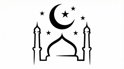 Fototapeta premium Minimalist Ramadan and Eid vector illustration with mosque silhouette, crescent moon, star, and festive lanterns, symbolizing spirituality, celebration, and Islamic cultural heritage.