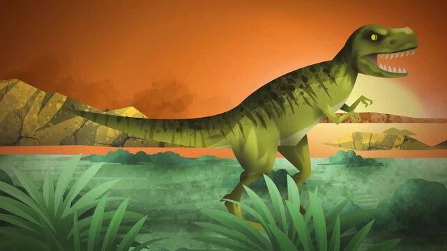 tyrannosaurus rex running in jurassic landscape