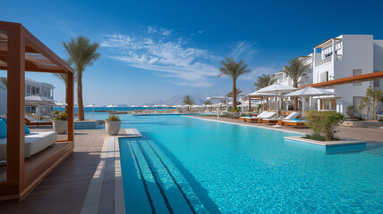 Fototapeta premium Soaking in tranquility by the shimmering water at a luxurious outdoor resort on a sunny day Generative AI