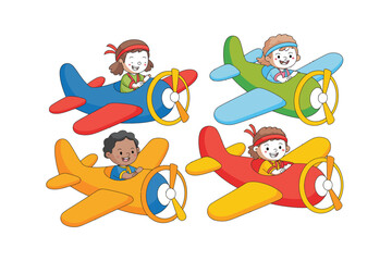 Obraz premium Four happy children joyfully piloting colorful toy airplanes in a playful scene