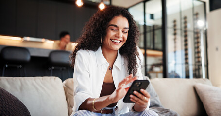 Fototapeta na wymiar Cellphone, smile and woman on sofa in home with networking, communication or social media online. Happy, phone and female person reading blog with celebrity gossip on mobile app in living room.