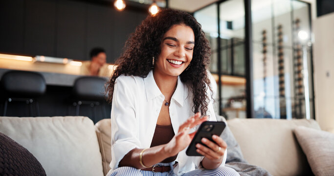 Cellphone, smile and woman on sofa in home with networking, communication or social media online. Happy, phone and female person reading blog with celebrity gossip on mobile app in living room.