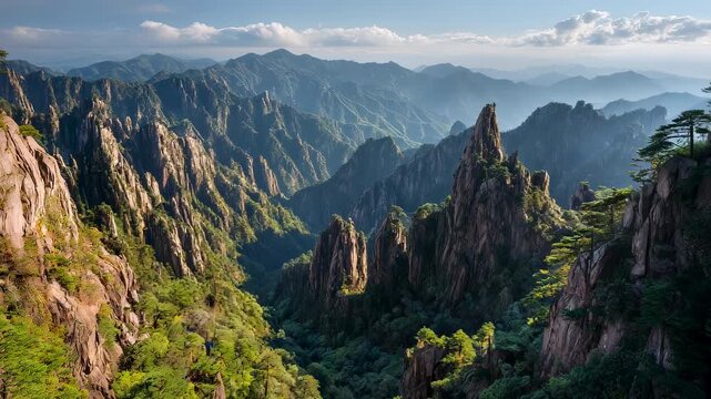 Mount huangshan yellow mountains landscape with granite peaks and sea of clouds, sunrise light, scenic outdoor nature travel background, huangshan, anhui, china