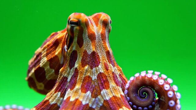 A vibrant orange and red patterned octopus with a curled tentacle against a bright green background.