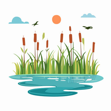 Peaceful wetland scene with cattails, birds, and a calm body of water under a sunny sky