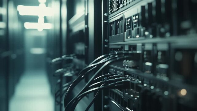 Datacenter server rack with organized ethernet and fiber cables connected to switches and ports, illustrating cloud computing, high density networking and modern it infrastructure