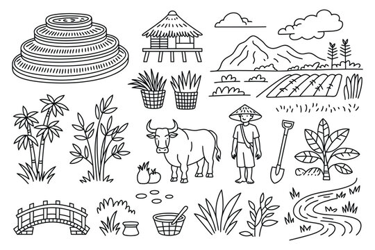 Rural landscape with farmer, water buffalo, and agricultural elements in simple line art style