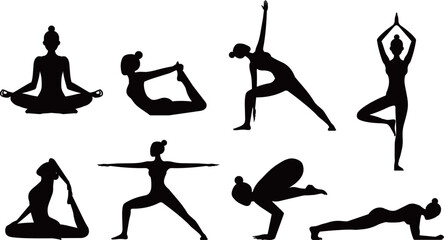 8種のヨガポーズをしている女性のシルエットセット　Women's Yoga Pose Silhouette Set: 8 Poses