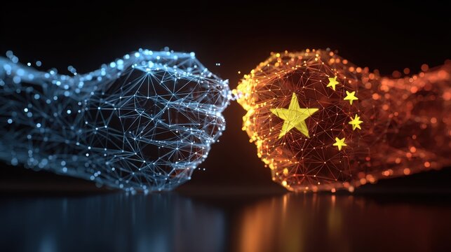 Two fists, one outlined in a network of blue lines and the other adorned with a vibrant nation's symbol, meet in a powerful clash. ..Created with Generative AI, not depicting real subjects.