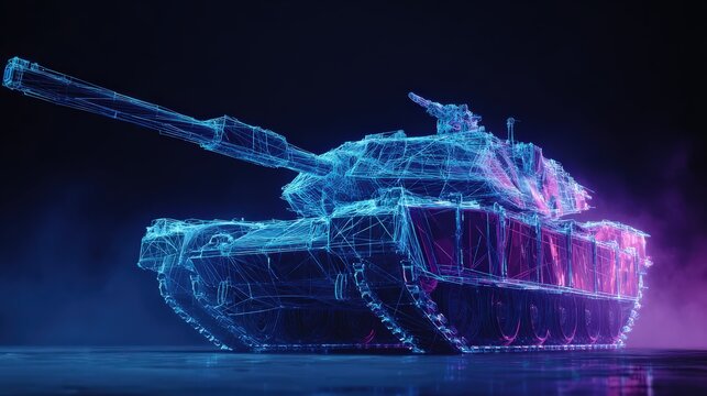 A high-tech digital rendering of a tank, rendered in a striking wireframe style, emitting vibrant blue and purple neon hues. ..Created with Generative AI, not depicting real subjects.