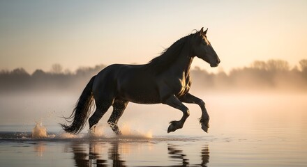 Black horse galloping through misty lake at golden sunset with reflection