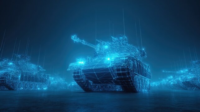 Cyberpunk armored vehicles showcase a sleek futuristic battle scene, with illuminated technology. ..Created with Generative AI, not depicting real subjects.