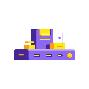 Vibrant purple and yellow docking station illustration isolated on a clean white background, featuring multiple connected devices and modern minimalist design