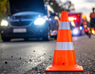 A traffic cone on a road with a car and emergency vehicle