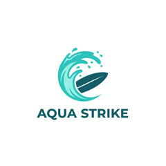 Fototapeta premium Logo featuring a stylized wave with a surfboard integrated, dynamic aqua colors, and bold text