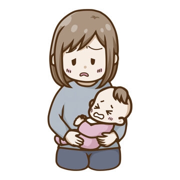 泣き止まない赤ちゃんを抱っこして疲労困憊の母親のイラスト（夜泣き・産後うつ）