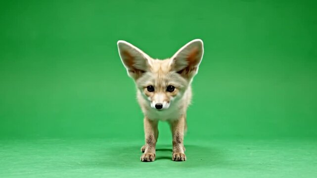 A small fennec fox with large ears stands centered on a vibrant green background, looking directly forward.