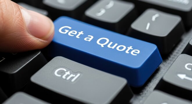 Macro Close-up of a Finger Pressing a Blue "Get a Quote" Keyboard Key on a Dark Modern Keyboard for Pricing Estimates and Service Inquiries