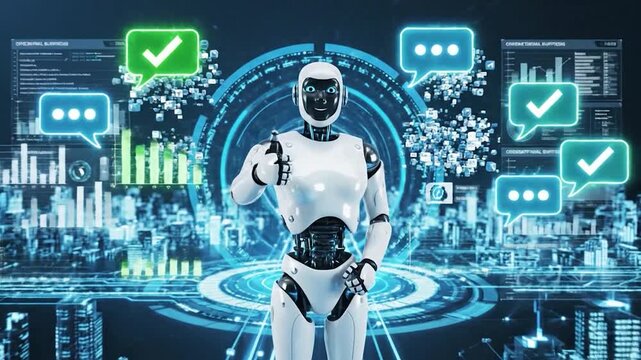 Futuristic robot stands in front of a digital city background.