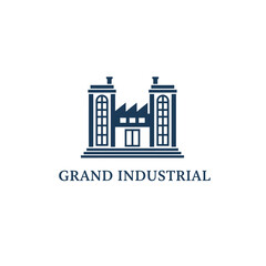 Fototapeta premium Simplified navy blue industrial factory logo with two tall chimneys, symmetrical windows, and bold text
