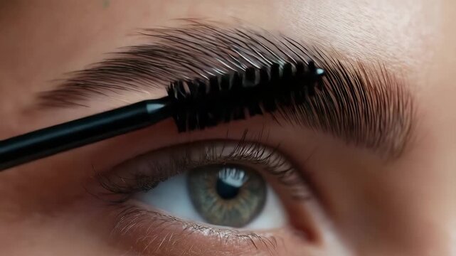 Close up of female hand brushing eyebrow upward with spooly brush during lamination process. Cosmetologist, Beauty concept