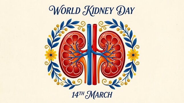 World kidney day celebration with artistic floral border and anatomical kidney illustration on March fourteenth event notification