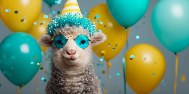 Funny baby goat wearing a glitter party hat and blue sunglasses surrounded by yellow and turquoise balloons and confetti, birthday celebration animal portrait in bright colors.