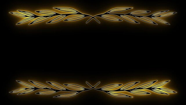 Gold neon animation. Glowing laurel loop. Neon wreath motion. Luxury gold glow. Animated laurel leaf. Yellow neon border. Elegant motion art. Royal gold vibe. Neon wheat glow. Digital award frame.

