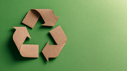 The three-dimensional recycling symbol is made of brown cardboard and has a bright green background.