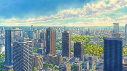Obraz premium 高層マンションとオフィスビルが立ち並ぶ都市風景、街の景観イラスト素材、通勤や生活のイメージ、都市開発や未来感の演出、見出しを置けるコピースペース、資料表紙におすすめ