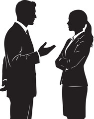 Fototapeta premium Business Man and Woman Discussing Silhouette – Professional Corporate Couple Having a Meeting, Conversation and Collaboration Flat Vector Illustration