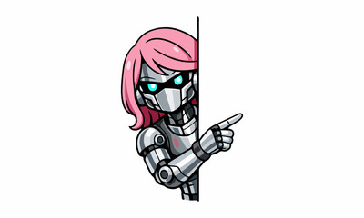 Futuristic robot peeking and pointing cartoon illustration