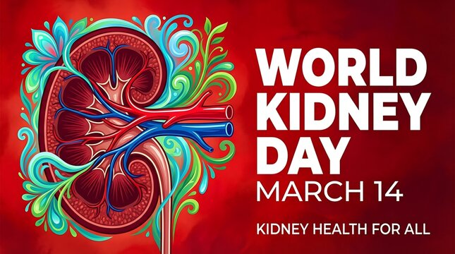 World kidney day March 14 kidney health for all banner design with detailed stylized kidney and decorative floral elements