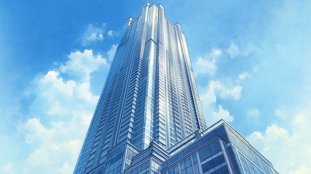 都市の高層建築が連なるスカイライン風景、街の景観イラスト、オフィス街イメージ、ビジネス・経済・不動産の説明素材、背景用コピースペース、パンフレットやサムネに便利な街並み