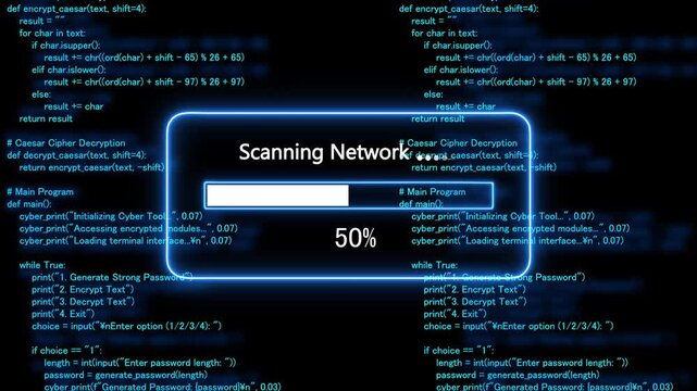 cyan glowing progress bar shows 100% percent of scanning network  on a background of computer code programming. 4k animation 