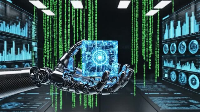 Robotic hand holds a glowing digital cube symbolizing AI and data technology.