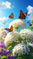 A vibrant garden scene with butterflies and flowers