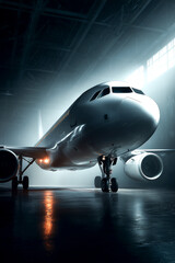 Fototapeta premium Modern commercial airplane positioned inside a well-lit hangar, showcasing sleek design and aerodynamic features with dramatic lighting enhancing its contours